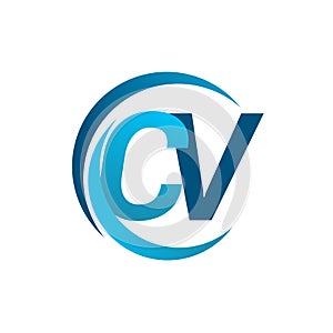 initial letter CV logotype company name blue circle and swoosh design. vector logo for business and company identity