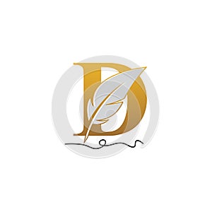 Initial letter D logo with Feather Luxury gold