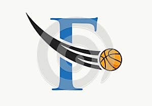 Initial Letter F Basketball Logo Concept With Moving Basketball Icon. Basket Ball Logotype Symbol Vector Template