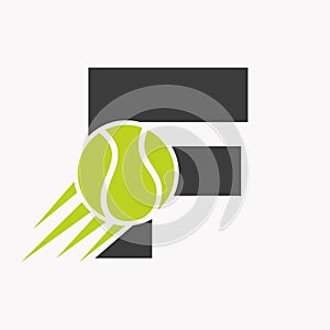 Initial Letter F Tennis Logo Concept With Moving Tennis Ball Icon. Tennis Sports Logotype Symbol Vector Template