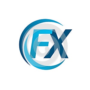 initial letter FX logotype company name blue circle and swoosh design. vector logo for business and company identity