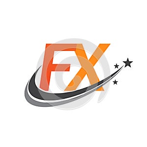 initial letter FX logotype company name colored orange and grey swoosh star design. vector logo for business and company identity