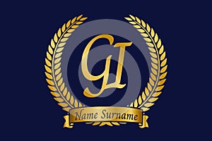 Initial letter G and I, GI monogram logo design with laurel wreath. Luxury golden calligraphy font