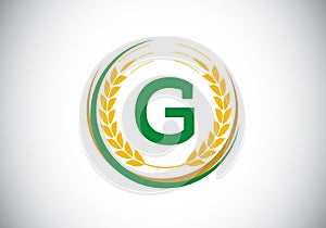 Initial letter G sign symbol with wheat ears wreath. Organic wheat farming logo design concept. Agriculture logo design vector