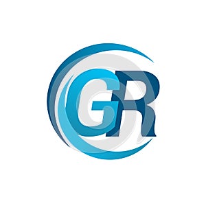 initial letter GR logotype company name blue circle and swoosh design. vector logo for business and company identity