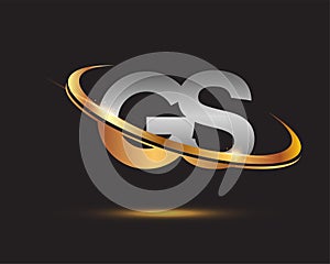 Initial letter GS logotype company name colored gold and silver swoosh design. isolated on black background