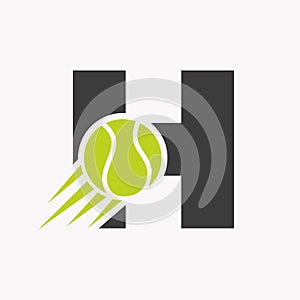 Initial Letter H Tennis Logo Concept With Moving Tennis Ball Icon. Tennis Sports Logotype Symbol Vector Template