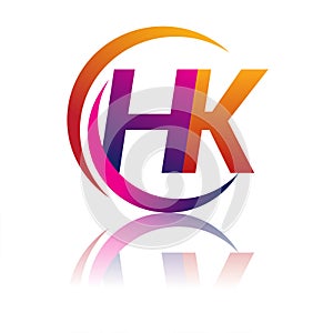 initial letter HK logotype company name orange and magenta color on circle and swoosh design. vector logo for business and company