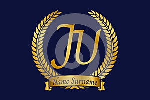 Initial letter J and U, JU monogram logo design with laurel wreath. Luxury golden calligraphy font photo