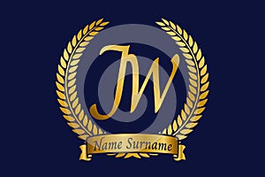 Initial letter J and W, JW monogram logo design with laurel wreath. Luxury golden calligraphy font