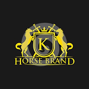 Initial Letter K Logo. Horse Brand Logo design vector. Retro golden crest with shield and horses. Heraldic logo template.