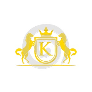 Initial Letter K logo. Horse Brand Logo design vector. Retro golden crest with shield and horses. Heraldic logo template.