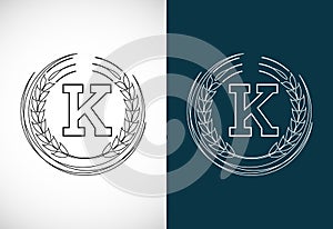 Initial letter K with wheat wreath. Organic wheat farming logo design concept. Agriculture logo