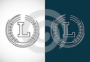 Initial letter L with wheat wreath. Organic wheat farming logo design concept. Agriculture logo