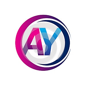 initial letter logo AY company name blue and magenta color on circle and swoosh design. vector logotype for business and company