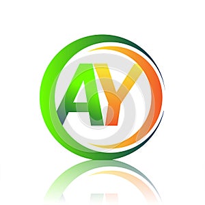 initial letter logo AY company name green and orange color on circle and swoosh design. vector logotype for business and company