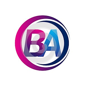 initial letter logo BA company name blue and magenta color on circle and swoosh design. vector logotype for business and company