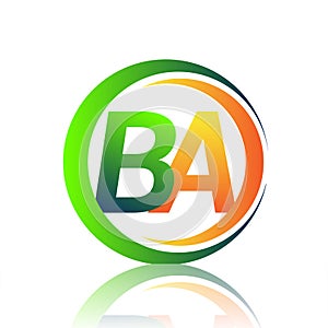 initial letter logo BA company name green and orange color on circle and swoosh design. vector logotype for business and company