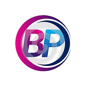 initial letter logo BP company name blue and magenta color on circle and swoosh design. vector logotype for business and company