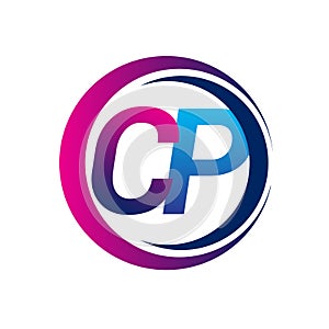 initial letter logo CP company name blue and magenta color on circle and swoosh design. vector logotype for business and company