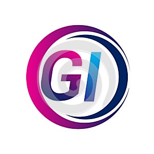 initial letter logo GI company name blue and magenta color on circle and swoosh design. vector logotype for business and company