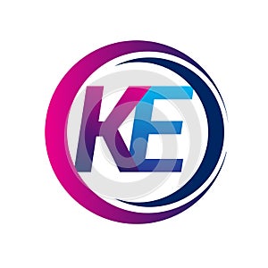 initial letter logo KE company name blue and magenta color on circle and swoosh design. vector logotype for business and company