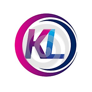 initial letter logo KL company name blue and magenta color on circle and swoosh design. vector logotype for business and company