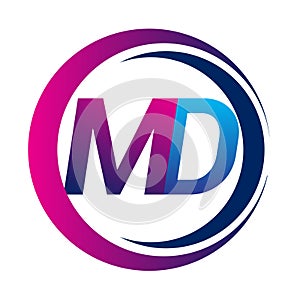 initial letter logo MD company name blue and magenta color on circle and swoosh design. vector logotype for business and company