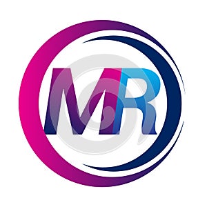 initial letter logo MR company name blue and magenta color on circle and swoosh design. vector logotype for business and company