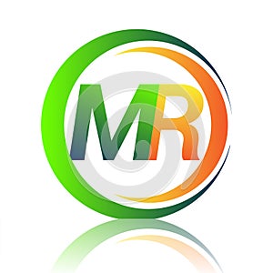 initial letter logo MR company name green and orange color on circle and swoosh design. vector logotype for business and company