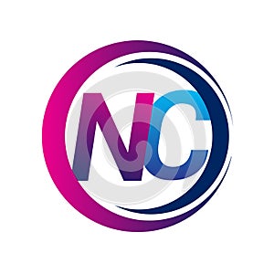 initial letter logo NC company name blue and magenta color on circle and swoosh design. vector logotype for business and company
