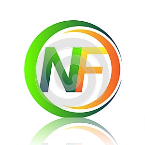 initial letter logo NF company name green and orange color on circle and swoosh design. vector logotype for business and company