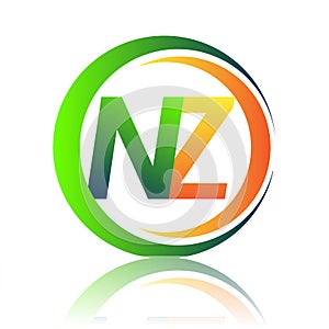 initial letter logo NZ company name green and orange color on circle and swoosh design. vector logotype for business and company