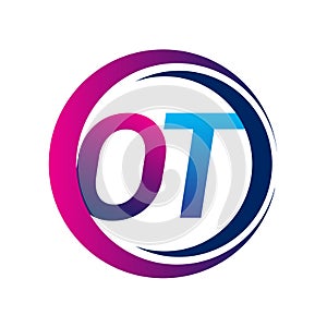 initial letter logo OT company name blue and magenta color on circle and swoosh design. vector logotype for business and company