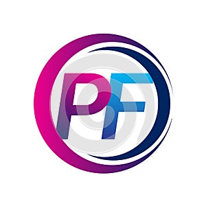 initial letter logo PF company name blue and magenta color on circle and swoosh design. vector logotype for business and company