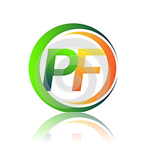 initial letter logo PF company name green and orange color on circle and swoosh design. vector logotype for business and company