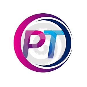 initial letter logo PT company name blue and magenta color on circle and swoosh design. vector logotype for business and company
