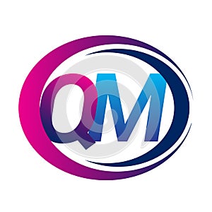 initial letter logo QM company name blue and magenta color on circle and swoosh design. vector logotype for business and company