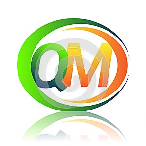 initial letter logo QM company name green and orange color on circle and swoosh design. vector logotype for business and company