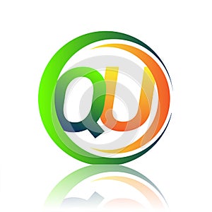 initial letter logo QU company name green and orange color on circle and swoosh design. vector logotype for business and company