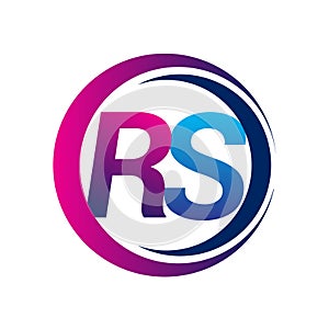 initial letter logo RS company name blue and magenta color on circle and swoosh design. vector logotype for business and company