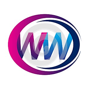 initial letter logo WW company name blue and magenta color on circle and swoosh design. vector logotype for business and company