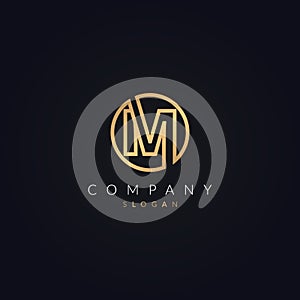 initial letter M circle logo or MO, OM icon golden color design on black background