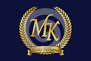 Initial letter M and K, MK monogram logo design with laurel wreath. Luxury golden calligraphy font photo