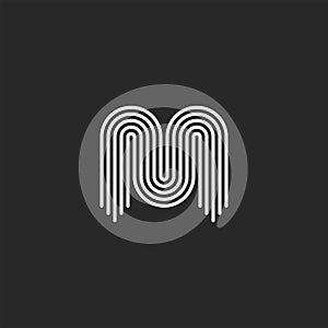 Initial Letter M logo monogram, black and white smooth thin lines, sleek curved linear shape, modern typography minimal design