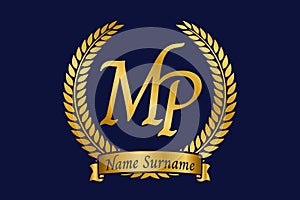 Initial letter M and P, MP monogram logo design with laurel wreath. Luxury golden calligraphy font