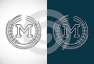 Initial letter M with wheat wreath. Organic wheat farming logo design concept. Agriculture logo