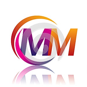 initial letter MM logotype company name orange and magenta color on circle and swoosh design. vector logo for business and company