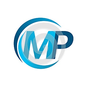 initial letter MP logotype company name blue circle and swoosh design. vector logo for business and company identity
