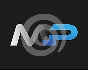 initial letter MP logotype company name colored blue and silver swoosh design. isolated on black background.